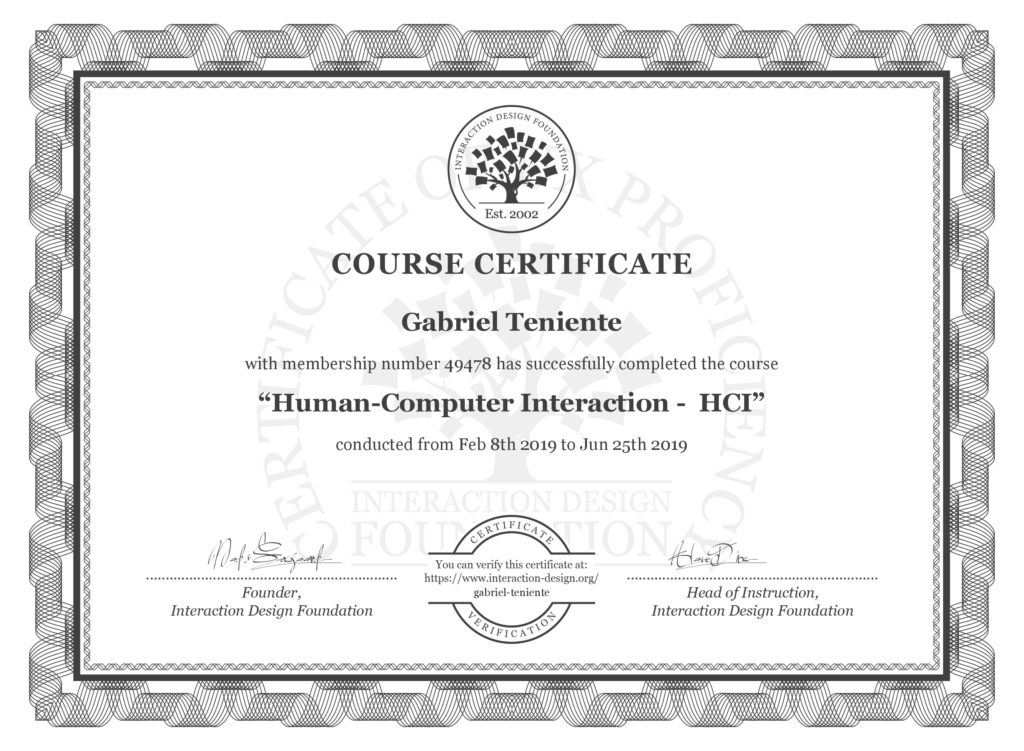 IDF Course Certificate for Gabriel Teniente - Human-Computer Interaction - HCI
