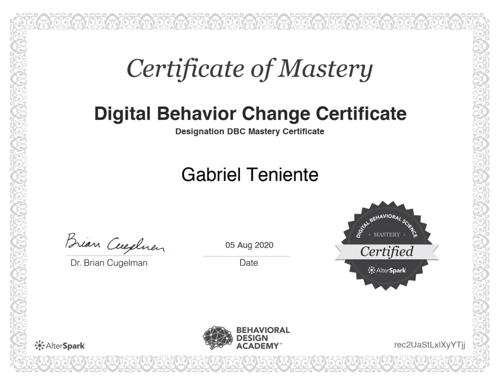 Digital Behavior Change Certificate of Gabriel Teniente