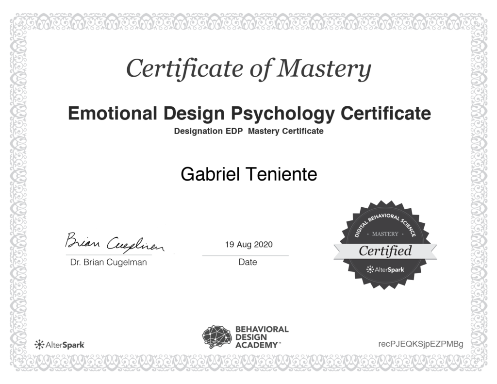 Emotional Design Psychology Certificate of Gabriel Teniente